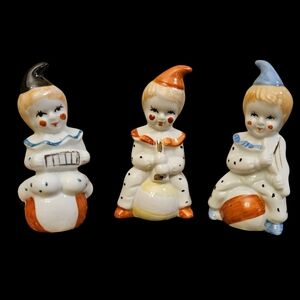 Vintage Set of Three Colorful Ceramic Porcelain Clown Musicians Figurines